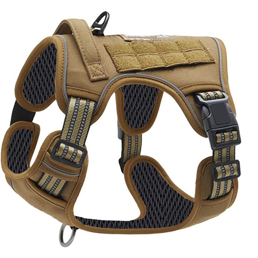 Khaki Professional Adjustable Tactical Dog Mesh Harness - Reflective No-Pull Pet Vest with Control Handle (L Size for Weight 45-80 lbs)