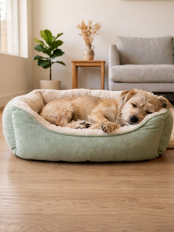A dog resting on a Furry Heart Paws large green calming bed in a cozy living room.