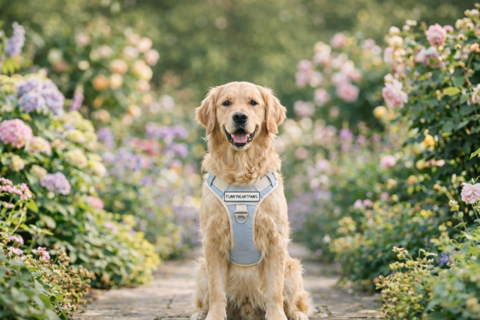 Golden Retriever wearing a FurryHeartPaws no-pull dog harness sitting on a garden path, adjustable comfortable dog harness Australia for safe and easy walks.