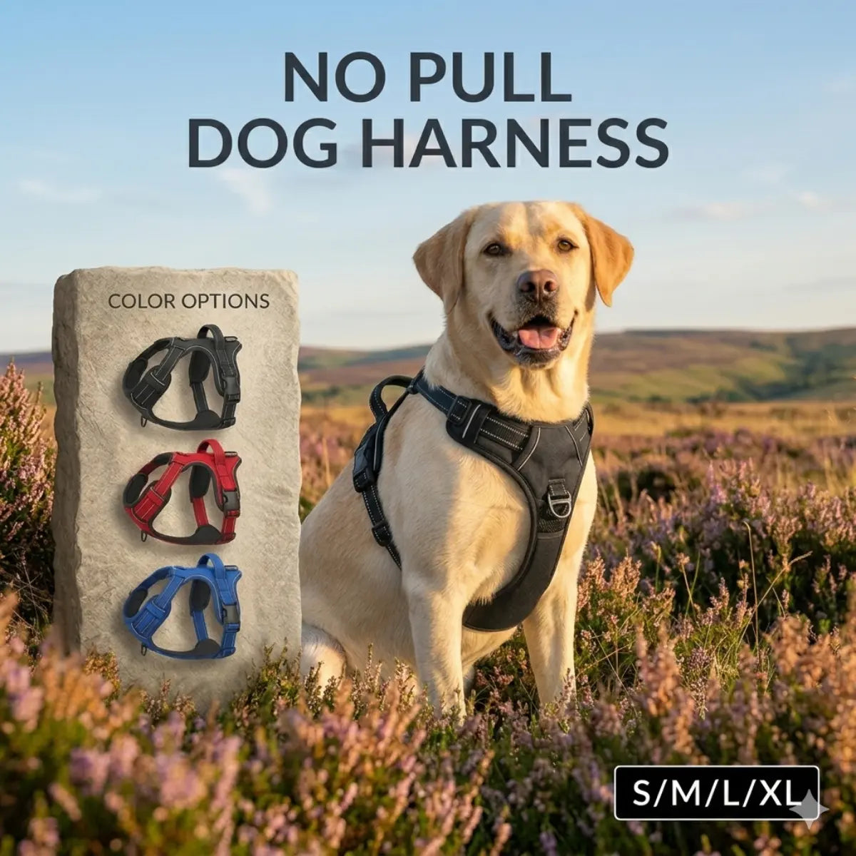 Large dog wearing the FurryHeartPaws reflective no-pull harness on a calm walk