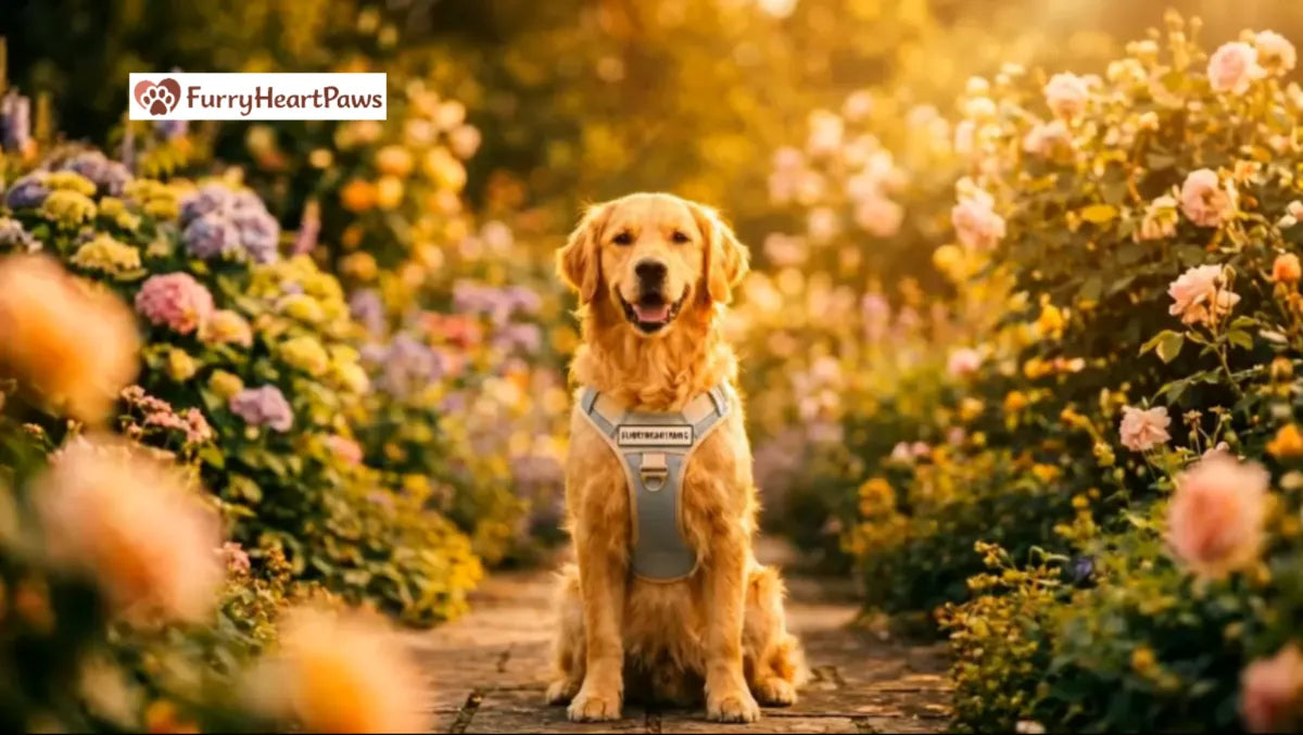 Golden Retriever wearing a no-pull dog harness in a sunny garden — Furry Heart Paws premium dog accessories Australia.